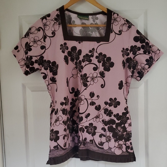 Uniform Advantage Tops - Uniform Advantage Pink Top with Black Floral Print